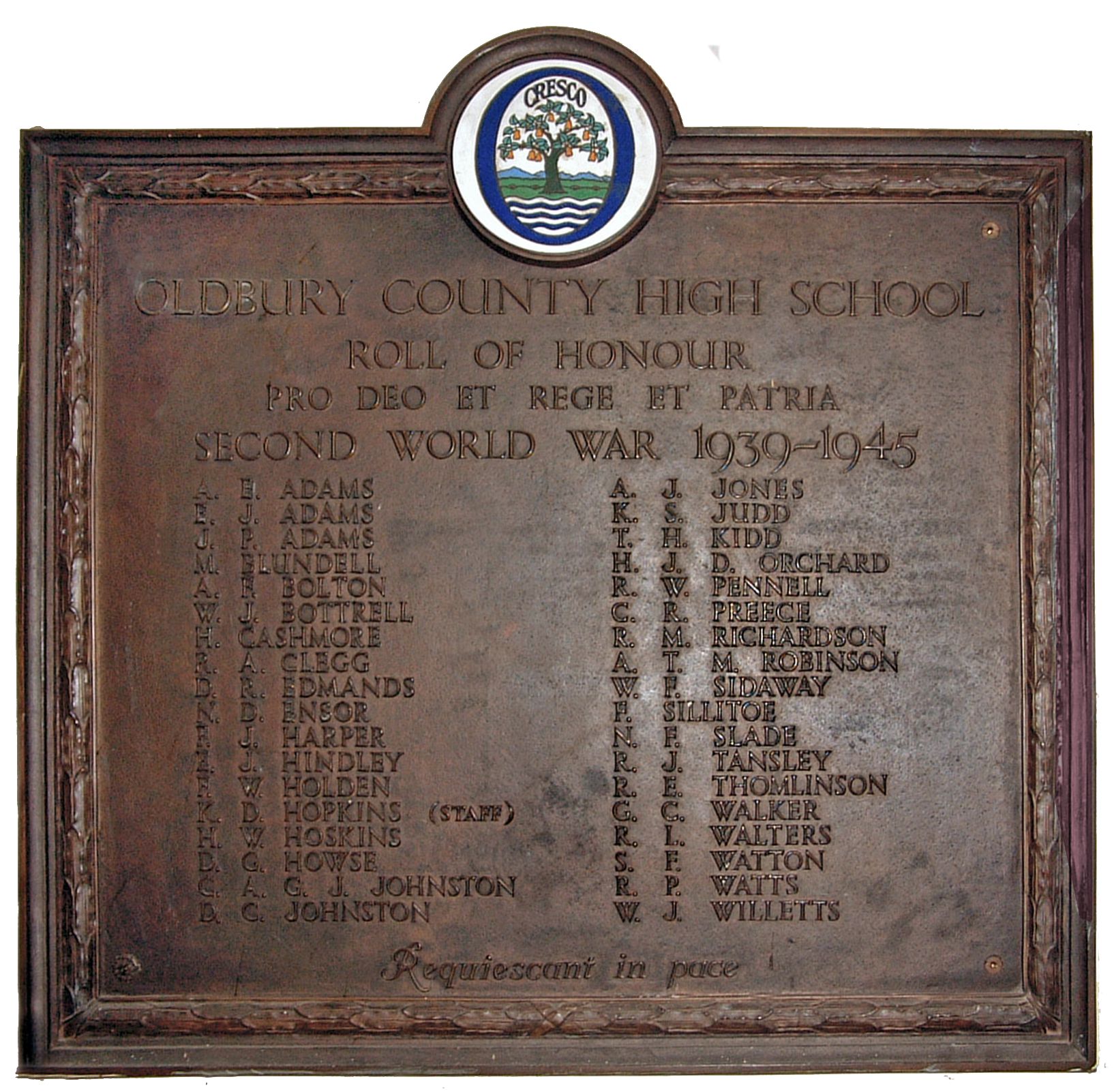Oldbury County High/Oldbury Grammar School WW2 Role of Honour